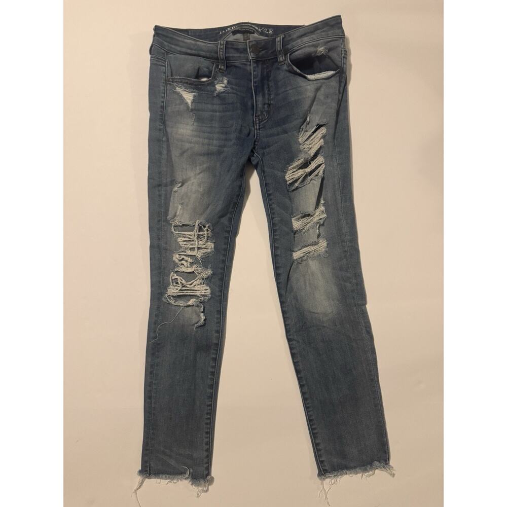 American Eagle Jegging Crop Distressed Jeans Womens 8 Blue Stretch Raw Hem